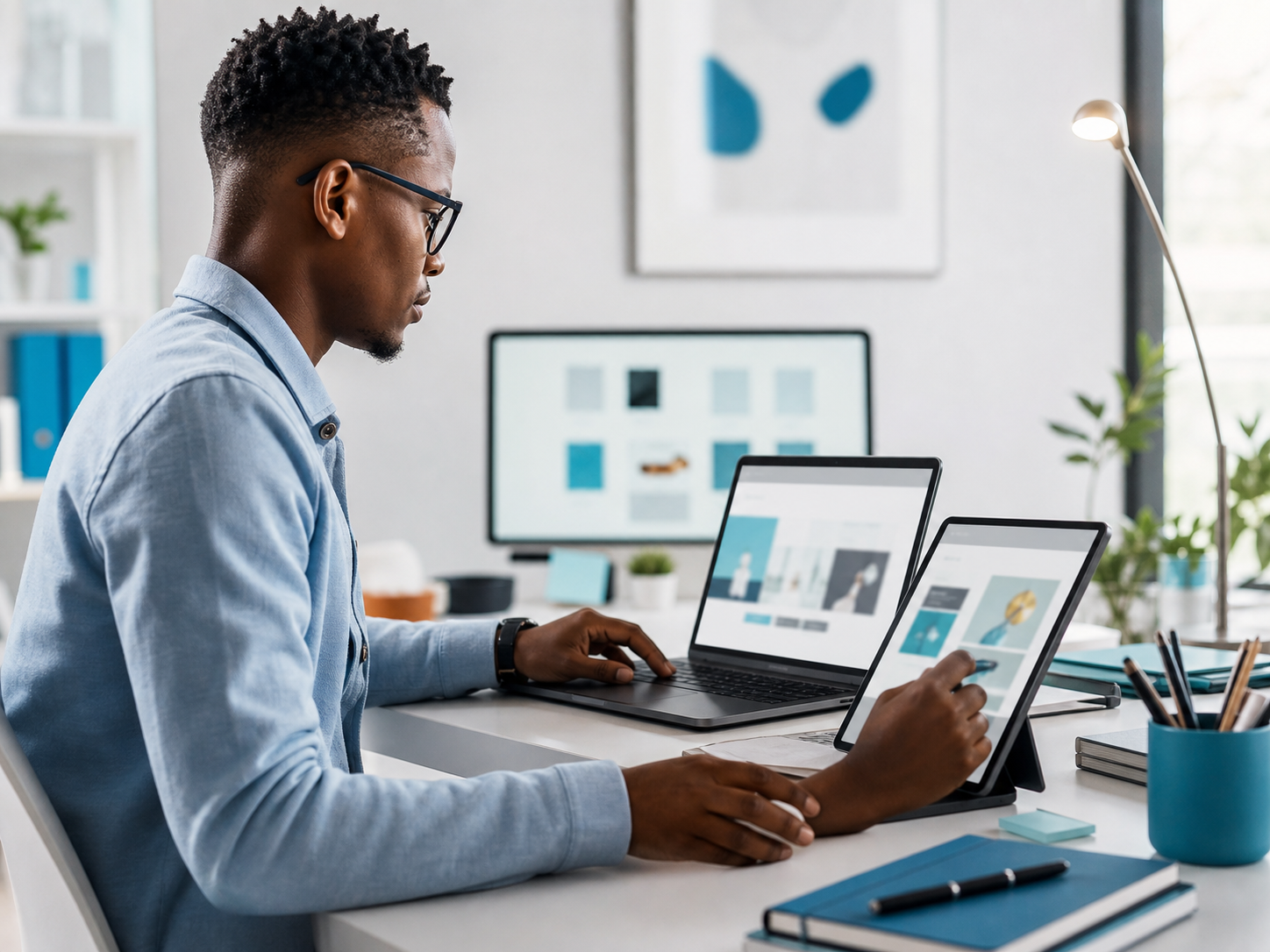 Web designer checking a site on a laptop and tablet