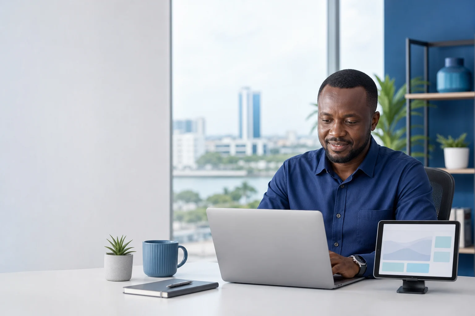 Business owner publishing a website from a modern workspace